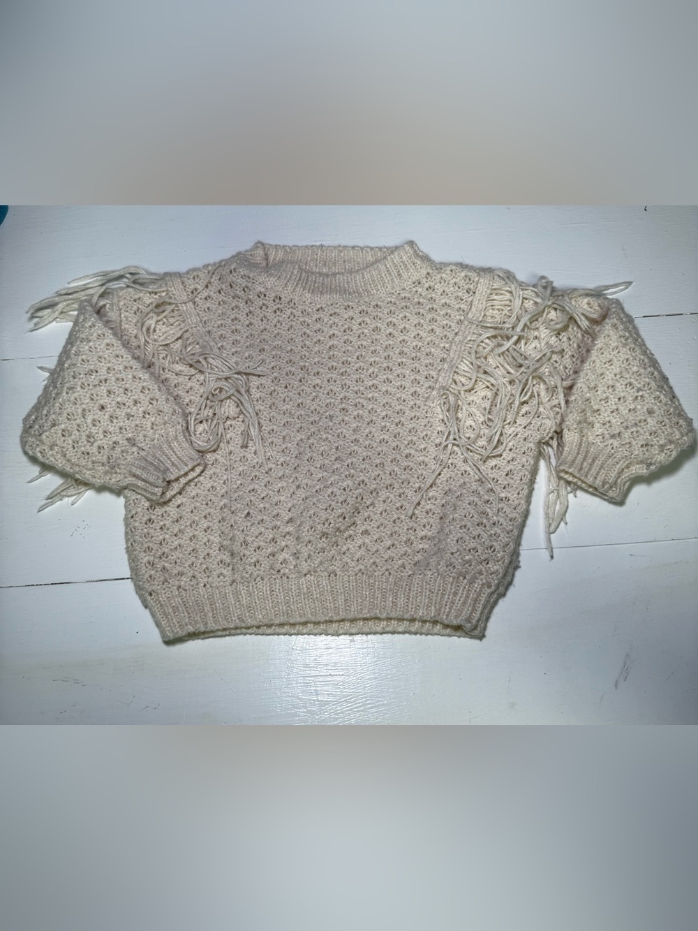 SHEIN Cream Textured Fringe Knit Crewneck Toddler Sweater Size 2T